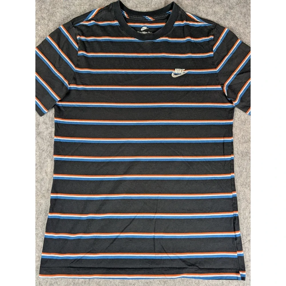 Nike Mens Striped Short‎ Sleeve Crewneck T-Shirt Black Blue Orange Swoosh Logo